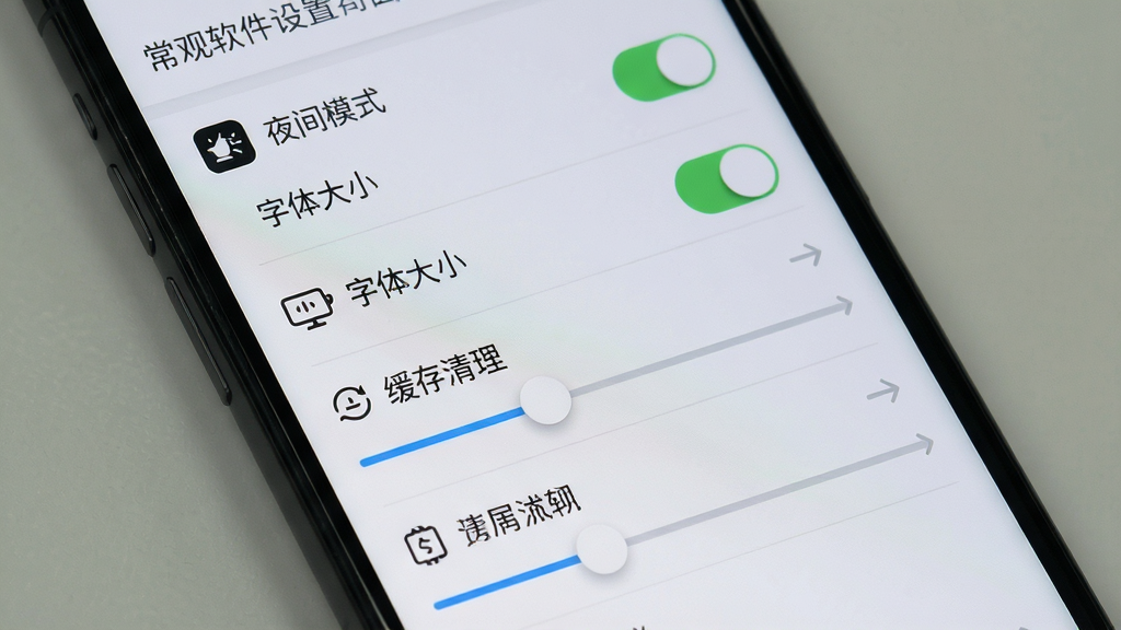一张展示常观软件设置界面的预览图,主体为手机屏幕显示各类开关选项与调节滑块,包含夜间模式、字体大小、缓存清理等条目,布局为垂直列表,风格为浅灰质感,细节包含清晰的图标与文字标签,画质清晰,干净,无多余元素