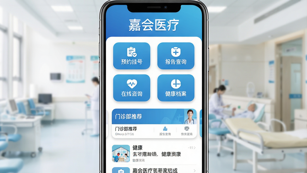 嘉会医疗手机应用主界面展示,画面中央一部智能手机竖屏显示嘉会医疗App首页,上方为蓝色渐变顶部栏写有