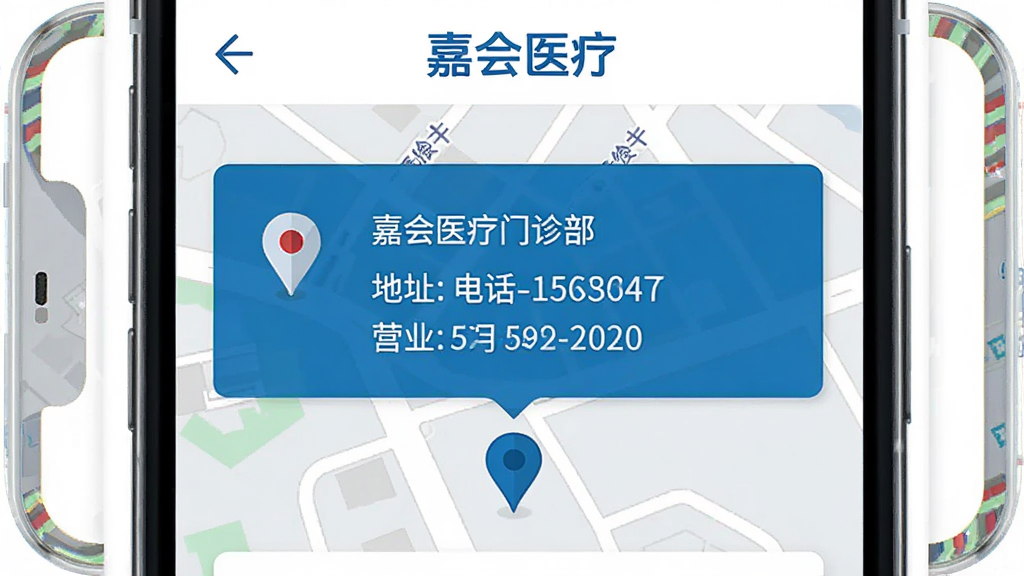 嘉会医疗门诊部信息页面展示,手机屏幕显示地图定位标记与门诊部卡片,卡片上有地址、电话、营业时间等文字信息,顶部有