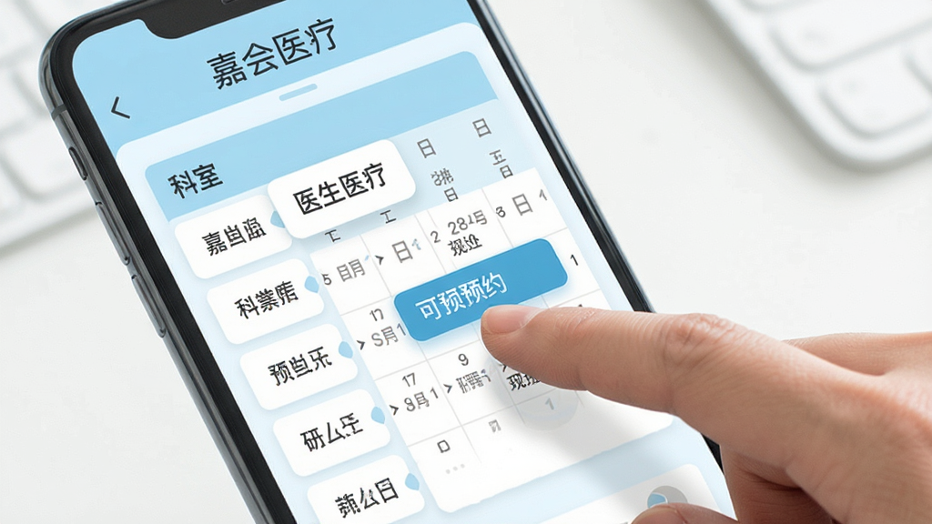 嘉会医疗预约挂号流程界面展示,画面中一部手机显示科室列表与医生排班日历,用户手指正点击某个可预约时段,界面以浅蓝和白色为主色调,卡片式布局,顶部有