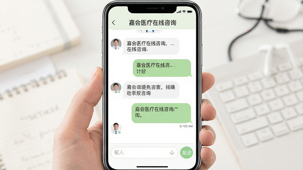 嘉会医疗在线咨询聊天界面展示,手机屏幕内显示用户与医生之间的文字对话气泡,顶部标注