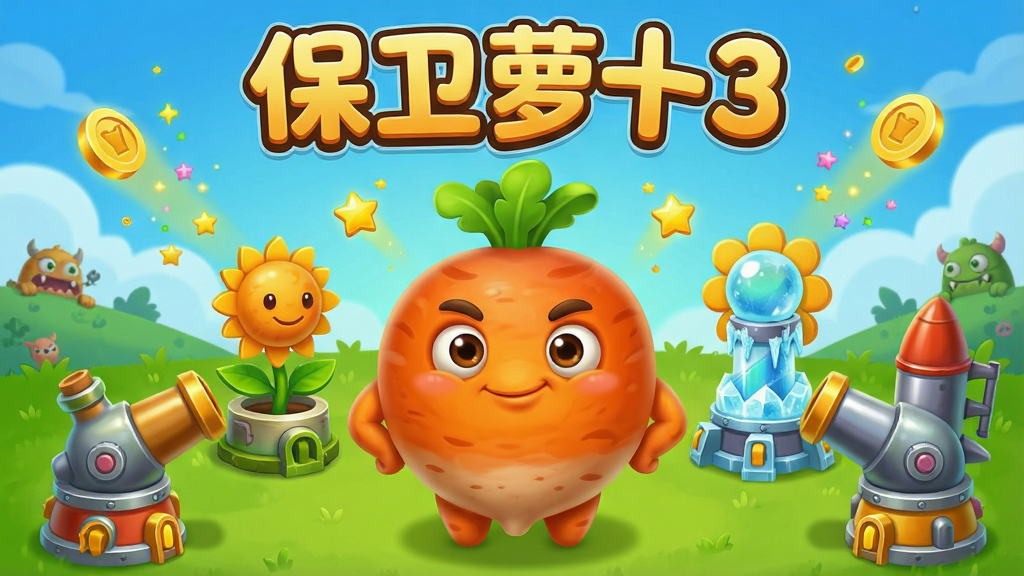 一张明亮活泼的手机游戏宣传图,主体是一只圆润可爱的橙色萝卜角色站在画面中央,萝卜头顶有小绿叶,表情呆萌自信。布局采用中心对称构图,萝卜周围环绕四座不同造型的炮塔:瓶子炮、太阳花、冰冻塔和导弹塔,炮塔朝向画面中心。排版上方留出空间放置游戏标题文字“保卫萝卜3”,字体圆润卡通。风格为Q版3D卡通渲染,色彩鲜艳明快,以绿色草地和蓝天为背景。细节包括飘浮的金币、星星特效和远处探头的小怪物。画质高清,画面干净,无多余元素。