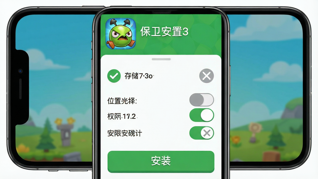 一张手机游戏安装设置界面示意图,主体是一部智能手机屏幕显示保卫萝卜3的安装权限设置页面,画面中有存储位置选择、权限开关和安装按钮。布局采用手机界面截图风格,上方是游戏图标和名称。排版清晰,重点标注内部存储选项。风格为扁平化UI设计,色彩简洁明快。细节包括绿色对勾图标和灰色禁用图标。画质高清,画面干净,无多余元素。