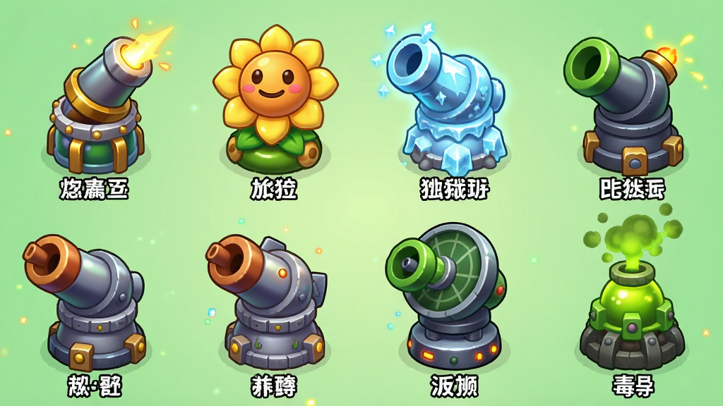 一张游戏内炮塔展示界面截图风格图片,主体是六座造型各异的炮塔排成两行,包括瓶子炮、太阳花、冰冻塔、导弹塔、雷达塔和毒气塔。布局采用网格化排列,每座炮塔下方有名称标签。排版清晰整洁,炮塔之间有适当间距。风格为Q版卡通渲染,色彩饱和度高,炮塔造型圆润可爱。细节包括每座炮塔的炮口朝向和发光特效。画质高清,背景为浅绿色渐变,干净无多余元素。