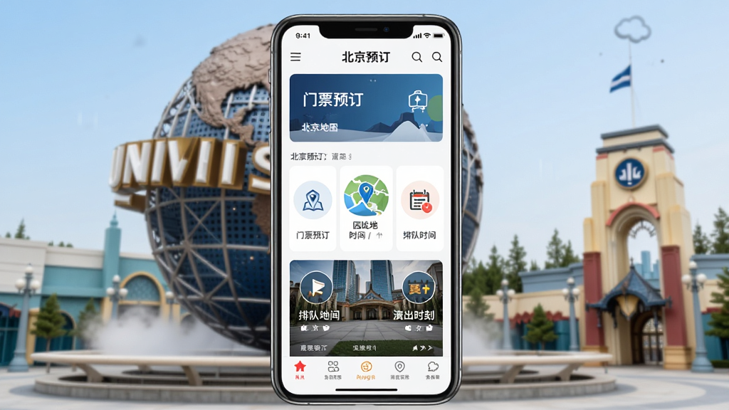 北京环球度假区官方APP主界面全貌展示,画面中央是一部智能手机,屏幕显示北京环球度假区APP首页,包含门票预订、园区地图、排队时间、演出时刻表等功能入口图标,背景是北京环球度假区标志性的地球雕塑和主题建筑群,布局居中对称,风格现代简洁,细节清晰,画质高清,干净无多余元素