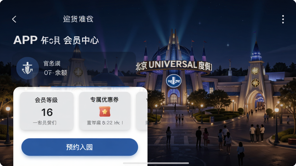北京环球度假区官方APP年卡会员中心界面手机截图,屏幕展示会员等级、积分余额、专属优惠券和预约入园按钮,背景为北京环球度假区夜景灯光璀璨,风格高端精致,细节清晰,画质高清,干净无杂乱元素