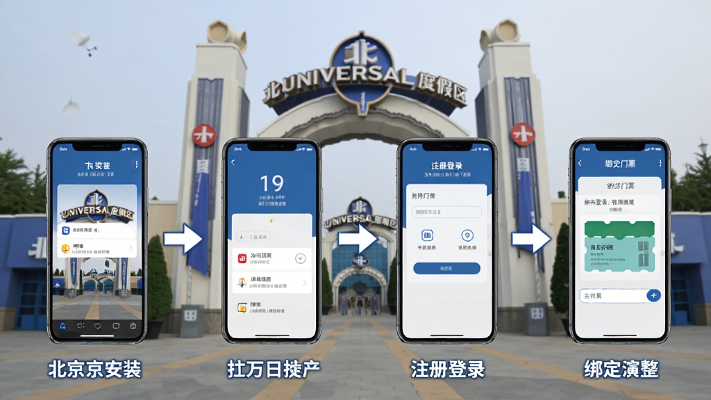 北京环球度假区官方APP安卓手机安装与使用操作演示图,画面展示手机从下载安装到打开APP、注册登录、绑定门票的完整流程步骤,每一步配有手机界面截图,背景为北京环球度假区大门实景,布局分步清晰,风格教程图解,细节明确,画质高清,干净无多余元素