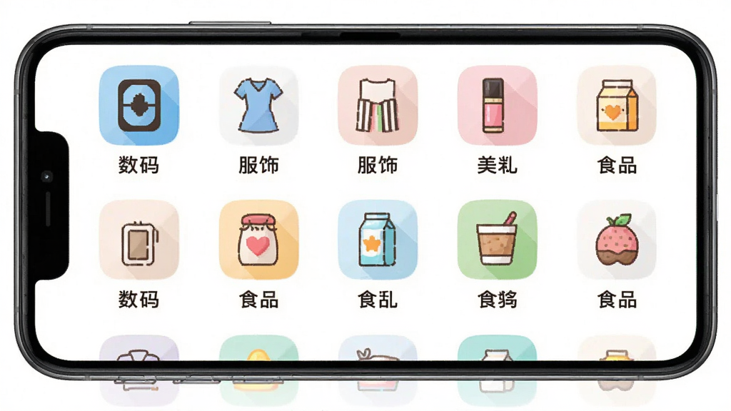安然商城商品分类页面展示,主体为手机屏幕显示多个商品分类图标,包含数码、服饰、美妆、食品等。布局为网格状排列,背景为白色。排版整齐有序,风格清新明快。细节有彩色图标和分类名称。画面干净,无多余元素,高清画质。