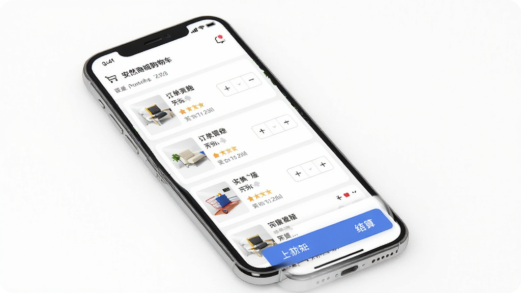 安然商城购物车与订单管理界面展示,主体为手机屏幕显示购物车商品列表和订单状态。布局清晰,背景为白色。排版简洁,风格实用。细节有商品图片、数量选择器和结算按钮。画面干净,无多余元素,高清画质。