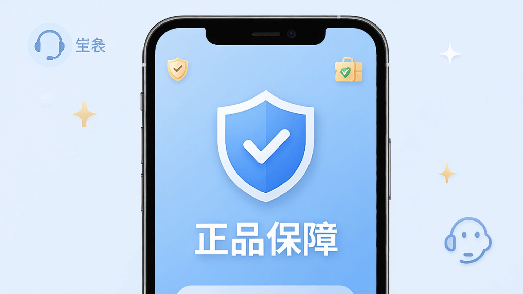 安然商城正品保障页面展示,主体为手机屏幕显示盾牌图标和“正品保障”文字。布局居中,背景为浅蓝色。排版简洁大方,风格安全可靠。细节有认证标识和客服图标。画面干净,无多余元素,高清画质。