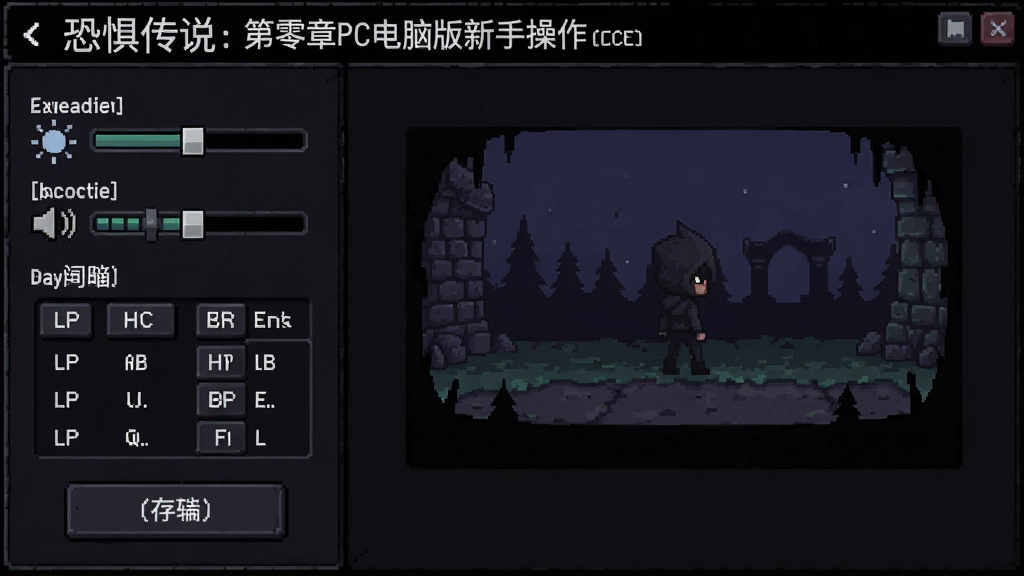 恐惧传说:第零章PC电脑版新手操作界面示意图,主体为游戏设置菜单与键位提示画面,布局为左侧菜单栏右侧预览图,风格为暗黑像素UI风格,细节包含亮度调节滑块、音量控制条、键位映射表、存档按钮,画质高清,画面干净,无多余元素,无文字