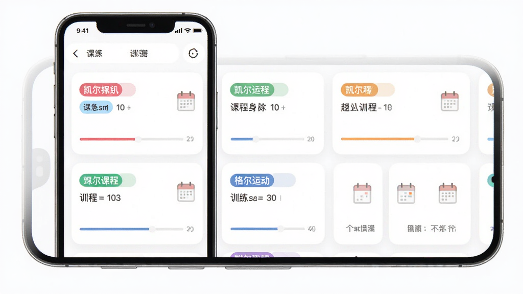 凯格尔运动跟练版个性化训练计划设置界面图,主体为手机屏幕显示训练计划列表,布局为卡片式排列,排版整齐,风格为清新简约风,细节包括不同颜色的课程标签、进度条和日历图标,画质高清,干净,无多余元素