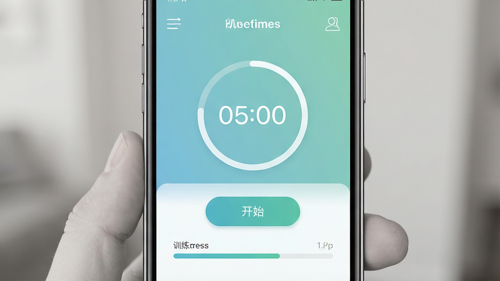 一张展示凯格尔运动跟练版手机应用界面的图片,主体是一部竖屏智能手机,屏幕显示应用主界面,包含训练计时圆圈、开始按钮和训练进度条,布局居中,排版简洁,风格为现代健康类App设计,细节包括柔和的蓝绿色渐变背景、清晰的数字倒计时和简洁的图标,画质高清,干净,无多余元素
