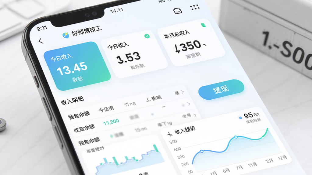 好师傅技工APP收入管理界面,手机屏幕展示钱包余额、今日收入、本月总收入等数据卡片,下方有收入明细列表和提现按钮,页面底部有收入趋势折线图,整体采用清新浅色风格,数字突出显示,高清画质,干净整洁