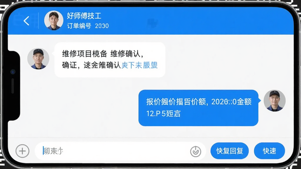 好师傅技工APP聊天沟通界面,手机屏幕显示师傅与用户的对话窗口,左侧为用户消息气泡,右侧为师傅回复气泡,内容涉及维修项目确认和报价金额,底部有输入框和快捷回复按钮,顶部显示用户昵称和订单编号,界面简洁清晰,蓝白配色,高清画质,无多余元素