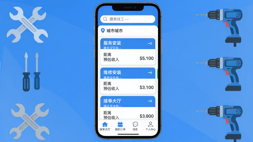 手机屏幕中央展示好师傅技工APP首页界面,页面顶部有搜索框和城市定位,中部为维修安装订单列表卡片,每张卡片显示服务类型、距离和预估收入,底部为接单大厅、我的订单、消息、个人中心四个导航按钮,周围环绕扳手、螺丝刀、电钻等工具图标,整体采用蓝白配色,扁平化UI风格,画面干净整洁,高清画质,无多余元素