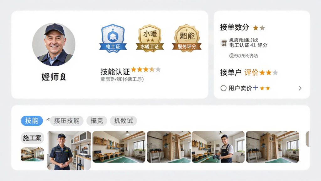 好师傅技工APP师傅个人主页界面,页面展示师傅头像、姓名、技能认证徽章(电工证、水暖工证等)、服务评分星级、接单数量、用户评价列表,下方有技能标签和施工案例照片墙,整体采用卡片式布局,浅灰色背景,高清画质,干净整洁