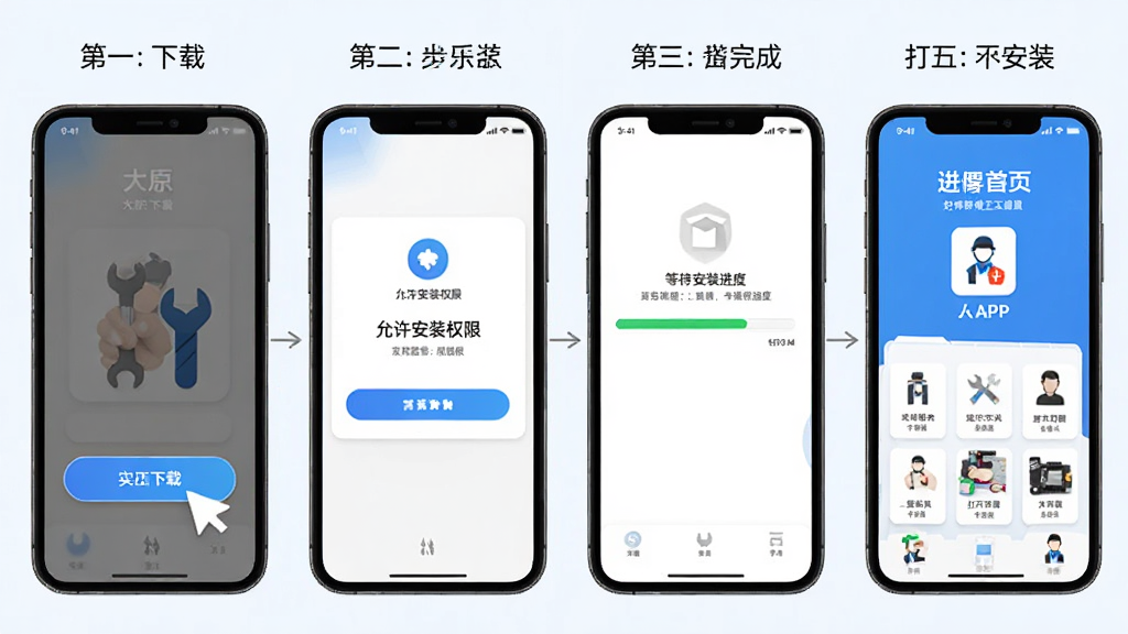 好师傅技工APP安装教程示意图,手机屏幕展示从下载到安装完成的四个步骤截图,第一步点击下载按钮,第二步允许安装权限,第三步等待安装进度条,第四步打开APP进入首页,每步配有简短文字说明,整体采用步骤图排版,浅色背景,高清画质,干净整洁