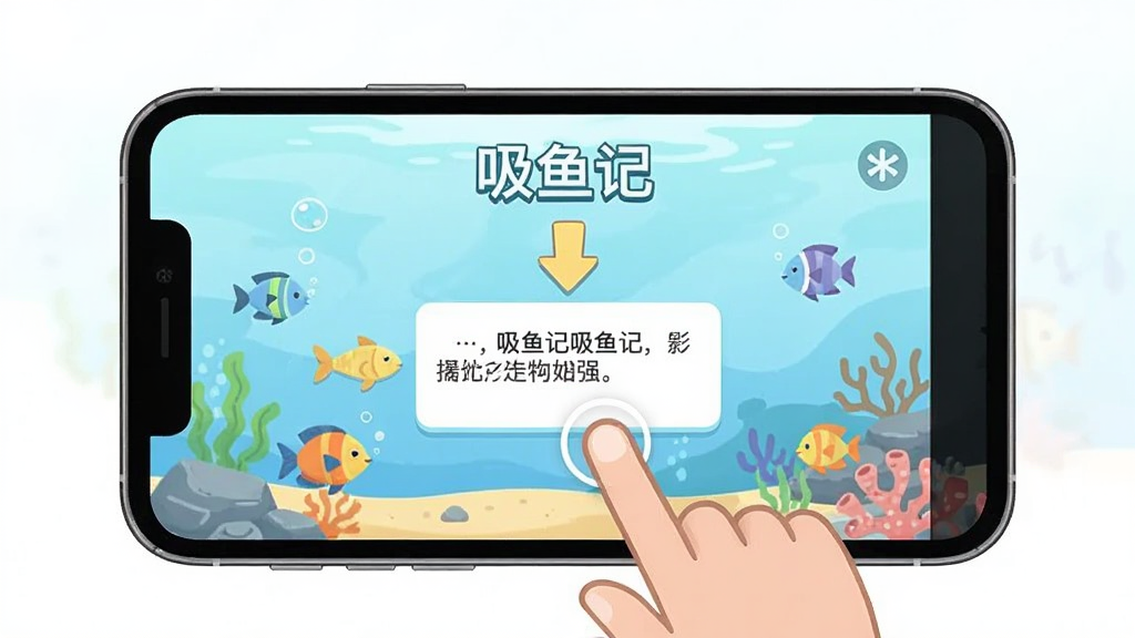 一张手机屏幕截图风格的插画,画面显示“吸鱼记”游戏的新手引导界面,有手指点击屏幕的动画示意,背景是简洁的浅色海洋主题,布局为手机居中展示,风格为清新明亮的UI设计插画,细节包括引导箭头和提示文字框,画质清晰干净,无多余元素