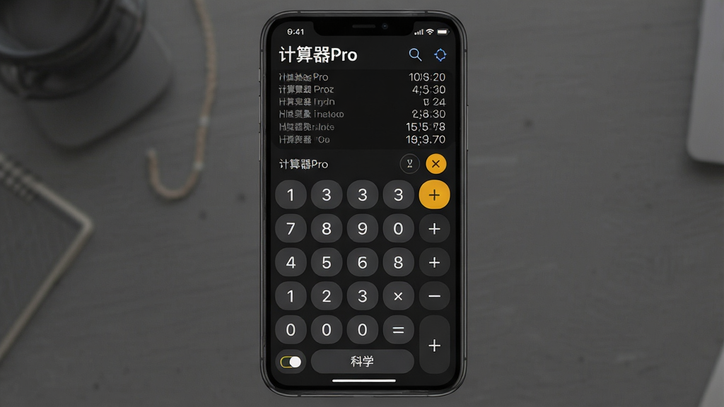 一张展示计算器Pro手机应用主界面的图片,画面中央是深色主题的计算器界面,上方显示历史计算记录,中间是数字键盘与运算符号,下方有科学计算切换按钮,界面干净整洁,风格现代简约,细节清晰,画质高清,无多余元素,图片中文字标注“计算器Pro”