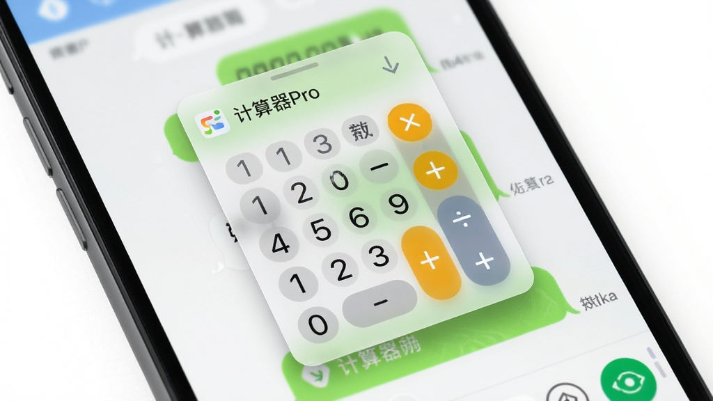 一张展示计算器Pro悬浮窗功能的图片,画面中手机屏幕上层悬浮着一个半透明的计算器小窗口,下方是聊天界面,悬浮窗内有数字和运算符号,风格轻量简洁,细节清晰,画质高清,无多余元素,悬浮窗上标注“计算器Pro”