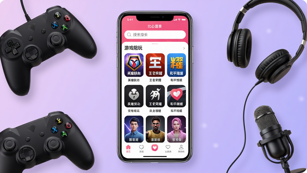 一张展示比心App首页界面的手机预览图,画面中央是手机屏幕,屏幕内显示比心App的主页,顶部有搜索栏,中间是各类游戏陪玩分类入口,包括英雄联盟、王者荣耀、和平精英等图标,底部有导航栏。手机周围环绕着游戏手柄、耳机、麦克风等元素,背景为柔和的渐变紫色调。整体风格清新现代,排版简洁,细节丰富,画质清晰,干净无多余元素。