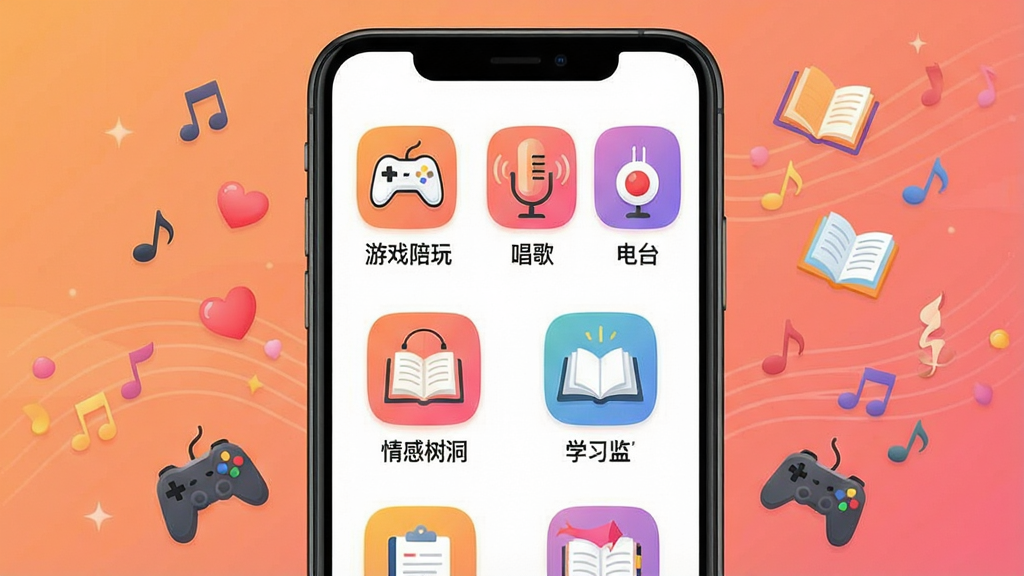 一张展示比心App多元化服务分类界面的手机预览图,画面中手机屏幕显示多个服务分类图标,包括游戏陪玩、唱歌、电台、情感树洞、学习监督等,每个图标配有对应的彩色插画。手机周围漂浮着音符、爱心、书本、游戏手柄等小元素,背景为温暖的橙粉色渐变。整体风格活泼温馨,排版有序,画质清晰,干净无多余元素。