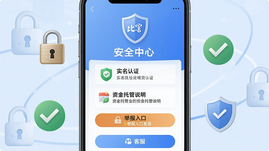 一张展示比心App安全中心界面的手机预览图,画面中手机屏幕显示安全中心页面,包含实名认证标识、资金托管说明、举报入口和客服按钮。屏幕上方有一个盾牌图标,象征安全保障。手机周围环绕着锁、对勾、盾牌等安全元素,背景为浅蓝色调。整体风格稳重可靠,排版简洁,画质高清,无多余元素。