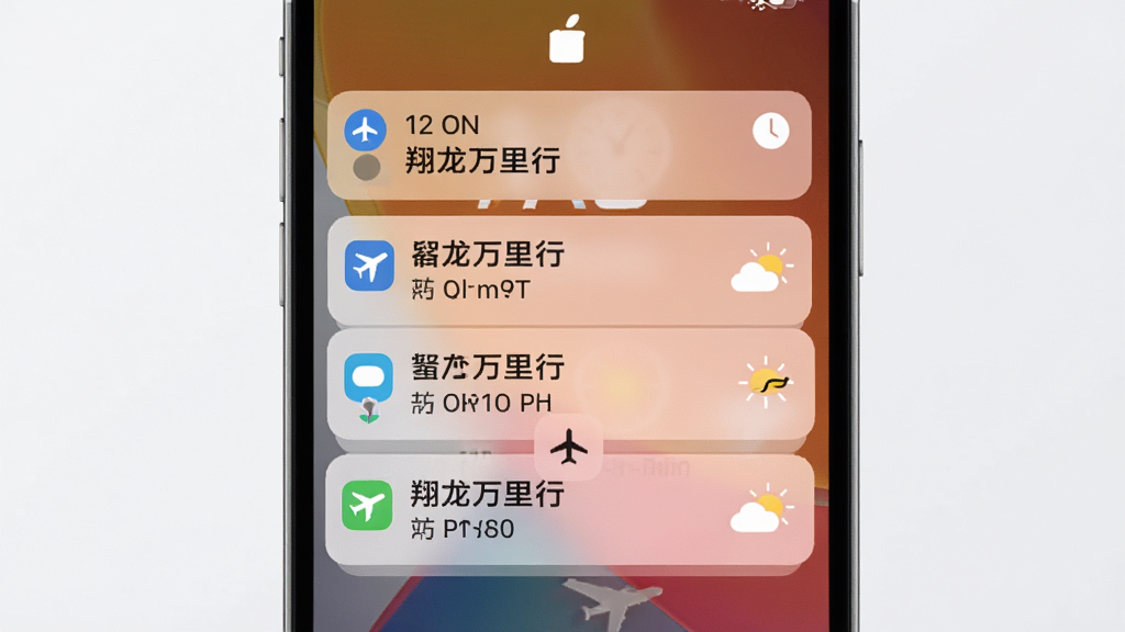 翔龙万里行APP消息提醒功能界面,主体为手机锁屏与通知中心展示多条出行提醒卡片,布局为层叠式通知排列,排版强调时间与事件标题,风格为现代科技感,细节包含飞机图标、天气符号、时钟元素,画质清晰,画面干净,无多余元素