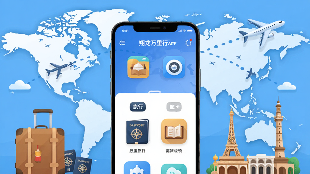 翔龙万里行APP主界面与旅行主题插画,主体为一部智能手机展示应用首页,背景是世界地图与飞机航线,布局采用居中构图,排版清晰展示软件图标与名称,风格为现代扁平化插画,细节包含行李箱、护照、地标建筑等旅行元素,画质高清,画面干净,无多余元素