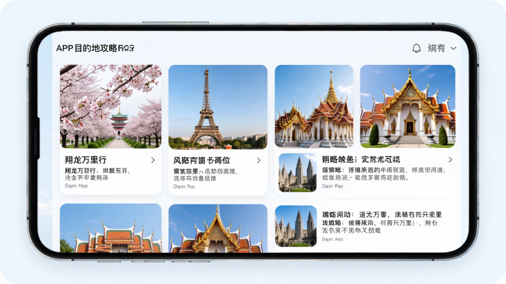 翔龙万里行APP目的地攻略页面,主体为手机界面展示多个目的地卡片与攻略文章列表,布局为网格与列表混合排版,排版突出图片与标题,风格为清新浅色系,细节包含日本樱花、法国埃菲尔铁塔、泰国寺庙等缩略图,画质高清,画面干净,无多余元素