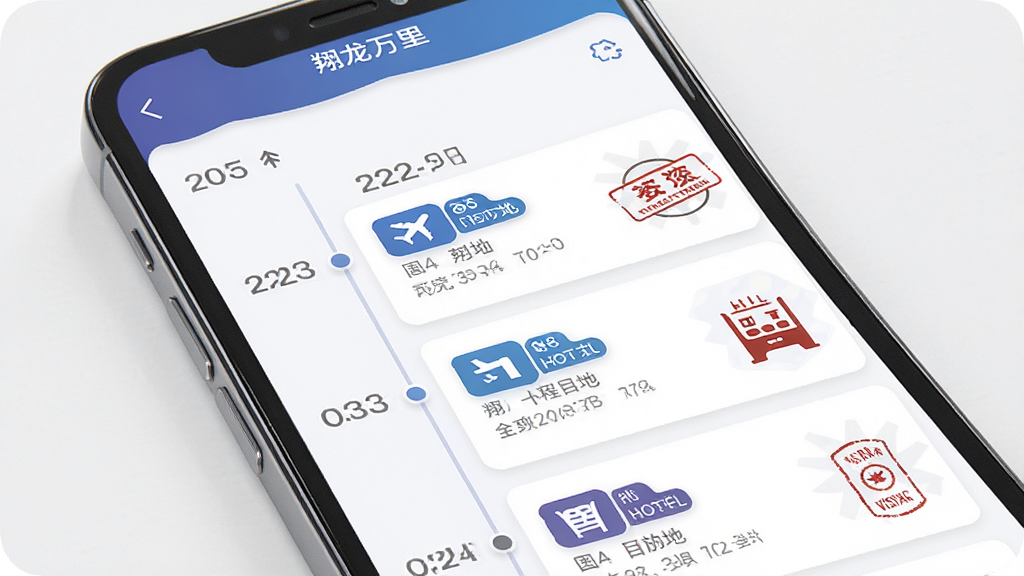 翔龙万里行APP行程管理界面展示,主体为手机屏幕显示时间轴式行程卡片,布局为上下滚动列表,排版突出日期与目的地标签,风格为清爽商务风,细节包含机票图标、酒店图标、签证印章等视觉符号,画质清晰,画面干净,无多余元素