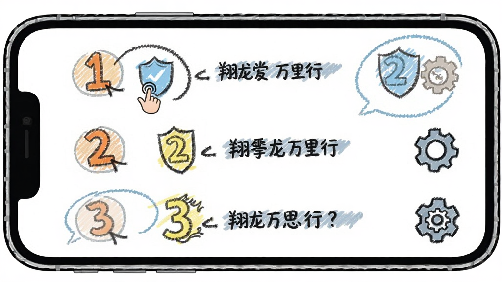 翔龙万里行APP新手引导页面,主体为手机屏幕展示分步操作图示与提示气泡,布局为纵向步骤排列,排版突出数字序号与说明文字,风格为友好手绘风,细节包含手指点击图标、盾牌安全符号、齿轮设置图标,画质高清,画面干净,无多余元素
