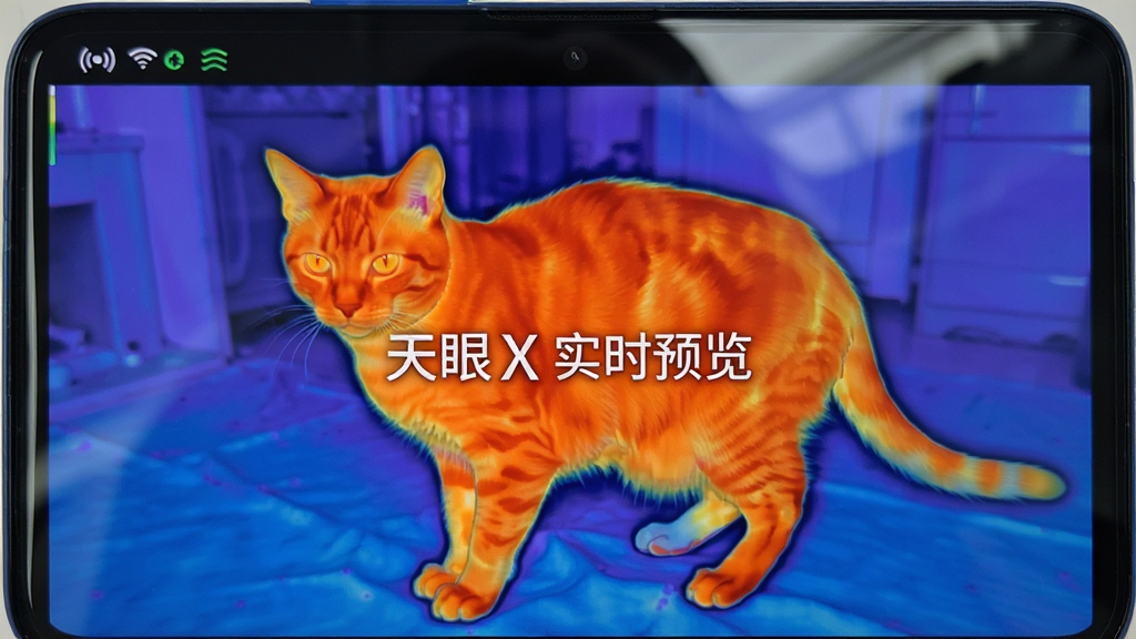 安卓手机屏幕显示热成像实时画面,画面中是一只猫的轮廓,猫身体呈现橙红色高温区,背景呈现蓝紫色低温区,手机上方有简洁的连接状态图标,布局为居中特写,风格为数码评测实拍,细节包括屏幕玻璃反光、猫的毛发边缘色块过渡自然,画质高清,干净,无多余元素,图片中打文字“天眼X实时预览”