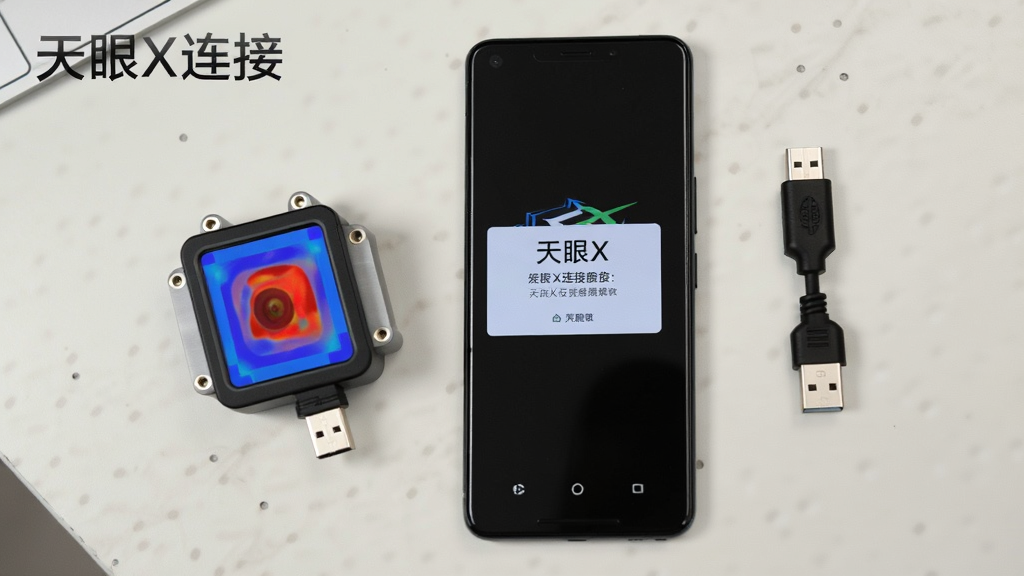 一部安卓手机放在桌面上,屏幕显示天眼X的连接提示界面,手机旁边放着热成像模块和一根OTG转接线,背景是浅色桌面,布局为俯视平拍,风格为数码配件展示,细节包括转接线接口金属光泽、屏幕文字清晰、桌面干净整洁,画质高清,干净,无多余元素,图片中打文字“天眼X连接”