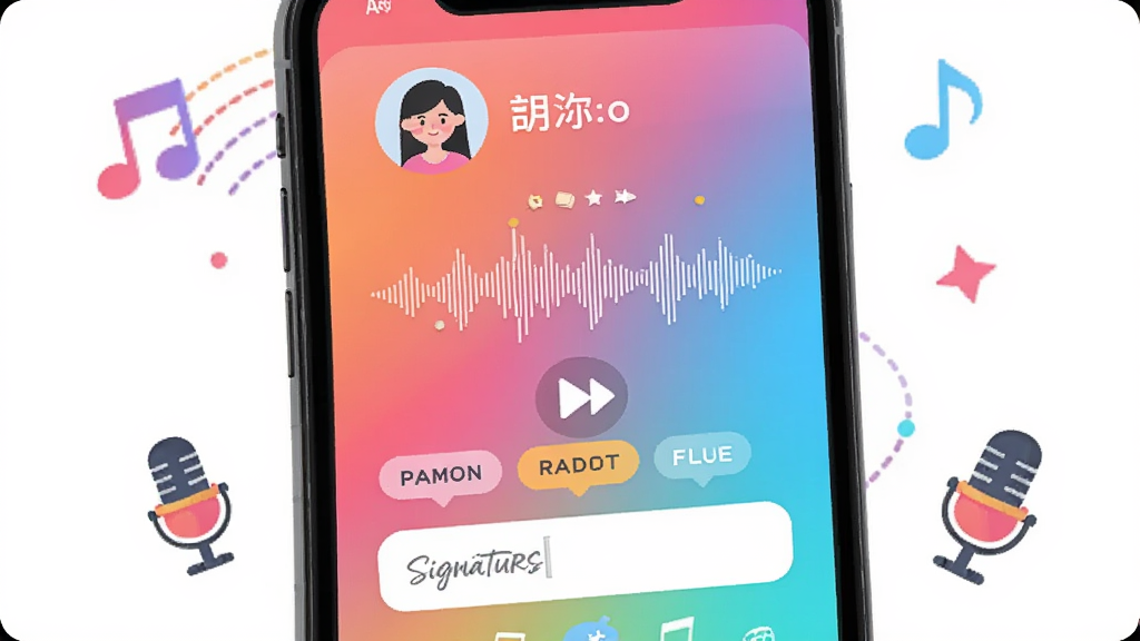 声对APP个性声音卡片编辑界面,手机屏幕中显示录音波形与播放按钮,卡片背景为渐变色,上方有用户头像与昵称,下方有标签与签名输入框,周围点缀音符与麦克风图标,风格为明亮活泼的扁平插画,画质高清,干净,无多余元素。