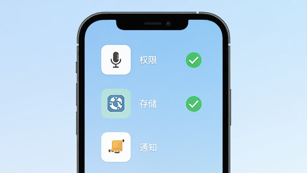 声对APP新手设置引导界面,手机屏幕显示权限开启步骤,包含麦克风、存储、通知三个图标,每个图标旁有绿色对勾,背景为淡蓝色渐变,风格为简洁扁平化UI,画质清晰,干净,无多余元素。