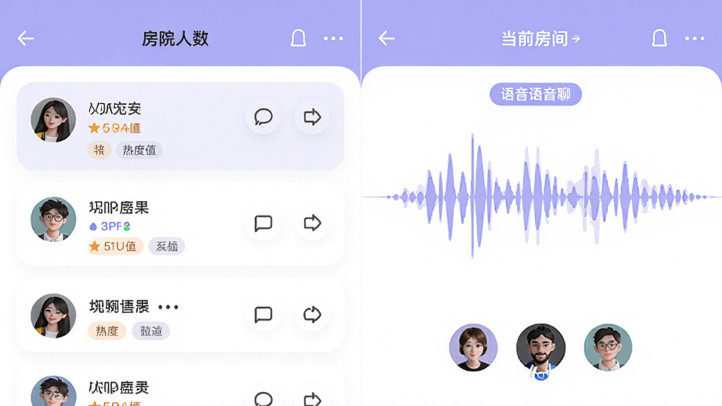 声对APP主题语聊房间界面展示图,画面分为左右两部分,左侧是房间列表,右侧是当前房间的语音波形与成员头像,房间主题标签清晰可见,配色为浅紫与白色搭配,风格清新扁平,细节包含房间人数、热度值、标签分类,画质清晰,干净,无多余元素。