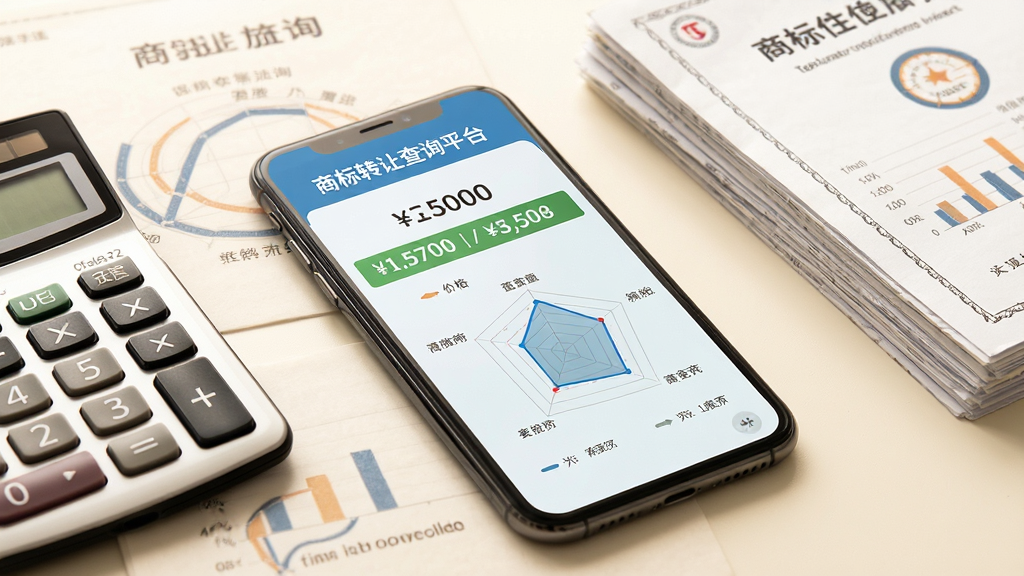 一张展示商标转让查询平台估值功能的图片,画面中央是一部手机,手机屏幕内显示“商标转让查询平台”的估值结果页面,有价格数字和雷达图,手机旁边放着一个计算器和一叠商标注册证,背景为暖白色桌面,风格为商务办公场景实拍感,细节包含屏幕上的数字、图表刻度,画质清晰,干净,无多余元素