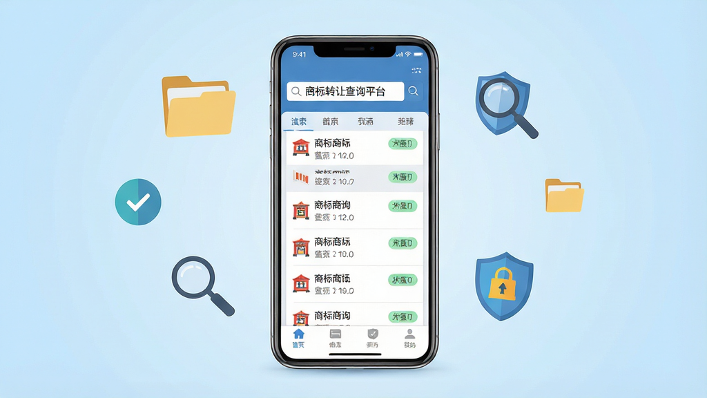一张展示商标转让查询平台手机端界面的详细图片,画面中央是一部竖屏智能手机,手机屏幕内显示着商标列表与搜索框,搜索框内写着“商标转让查询平台”,手机周围漂浮着文件夹、放大镜、盾牌等扁平化图标,背景为浅蓝色渐变,风格为现代科技感UI展示图,细节包含列表条目、状态标签、底部导航栏,画质清晰,干净,无多余元素
