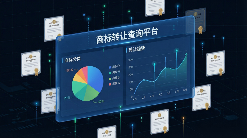 一张展示商标转让查询平台数据大屏概念的图片,画面中央悬浮着一块半透明蓝色数据面板,面板上显示“商标转让查询平台”字样以及各类商标分类饼状图和转让趋势折线图,数据面板周围环绕着多个小型商标证书图标,背景为深色科技网格,风格为数据可视化展示,细节包含数字跳动效果、分类色块,画质清晰,干净,无多余元素