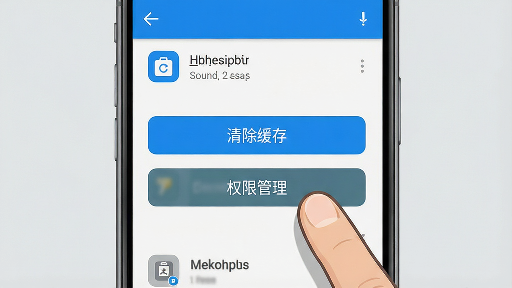 一张展示手机清理缓存和权限设置的图片,画面中央是一部手机,屏幕显示应用管理界面,有“清除缓存”和“权限管理”按钮,手机旁有一个手指点击屏幕的示意,背景为浅灰色,风格为操作指引截图,细节包含按钮高亮、设置图标,画质清晰,干净,无多余元素