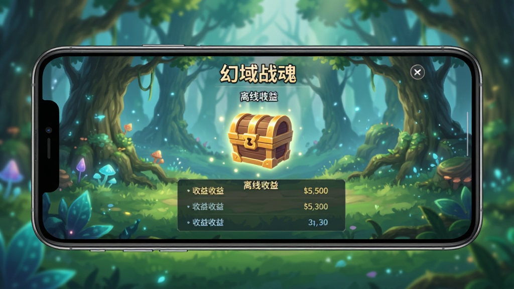一幅手机屏幕展示图,画面中手机横屏显示“幻域战魂”挂机结算界面,屏幕中央有一个宝箱图标与收益列表,背景为魔幻森林场景,整体风格为清新明亮,画质清晰,布局简洁,文字使用中文“离线收益”字样