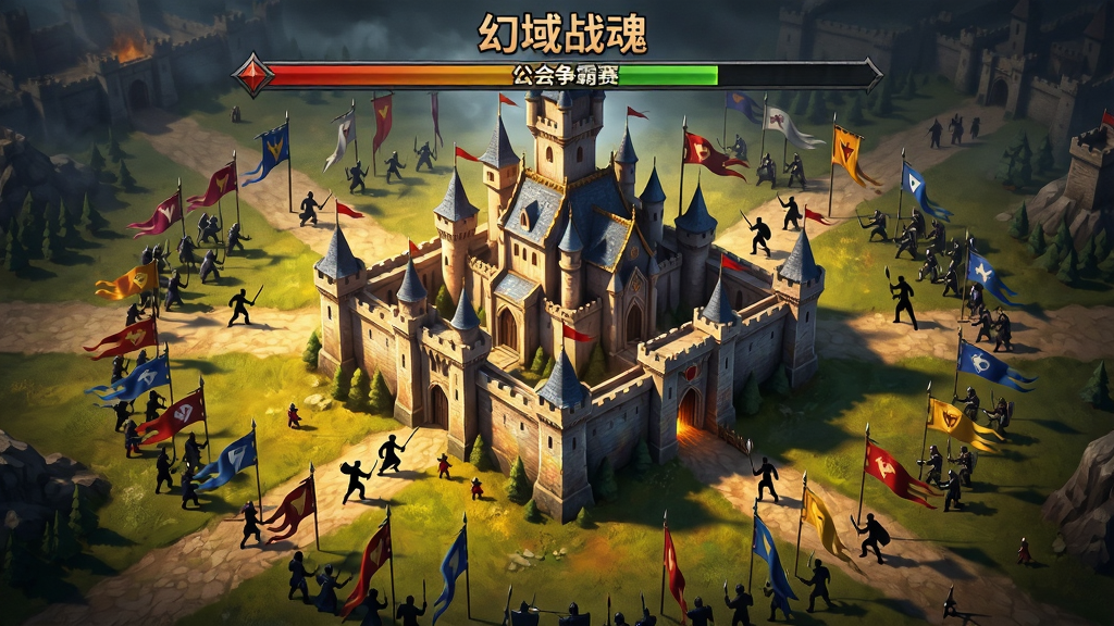 一幅俯视角战场场景图,画面中央是一座宏伟的城堡,城堡四周分布着不同颜色的阵营旗帜与玩家角色剪影,画面顶部显示“幻域战魂”公会争霸赛进度条,整体为史诗战争风格,色彩对比强烈,细节丰富,画质高清,干净无多余元素