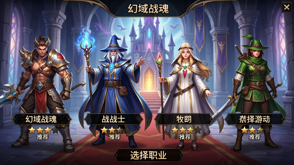 一幅游戏角色创建界面图,画面展示“幻域战魂”四个职业的角色立绘,从左到右依次为战士、法师、牧师、游侠,每个角色下方有职业名称与星级推荐,背景为魔幻城堡大厅,整体风格为精致二次元画风,画质高清,布局对称,文字使用中文“选择职业”字样