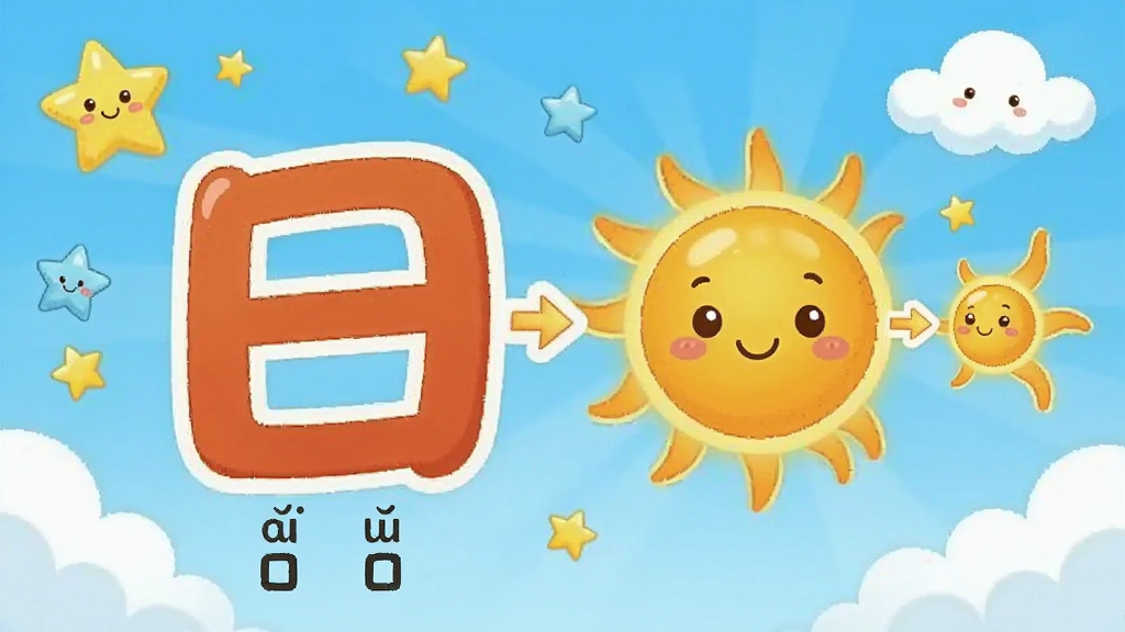 儿童识字乐园趣味动画识字功能的生图,主体是一个卡通汉字“日”正在变成太阳的动画场景,布局为画面中央展示汉字变形过程,风格为2D卡通动画风格,细节包括周围有星星和云朵装饰、汉字下方有拼音标注,画质清晰,画面干净,无多余元素。