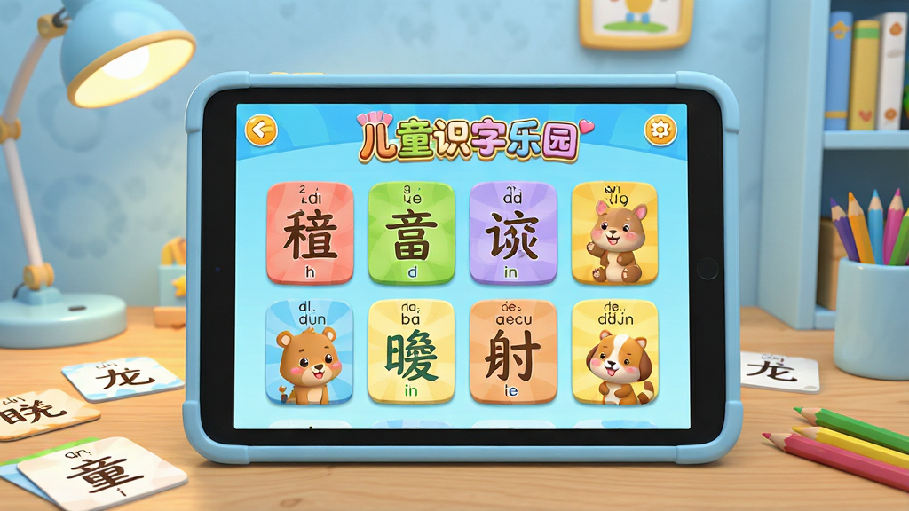一张儿童识字乐园软件主界面的详细生图,主体是一个卡通风格的平板电脑屏幕,屏幕中央显示“儿童识字乐园”软件界面,界面上有彩色汉字卡片、卡通小动物和拼音标注,布局为屏幕居中展示,背景是温馨的浅蓝色儿童书房环境,风格为3D卡通渲染,细节包括柔和的灯光、木质书桌、散落的识字卡片和彩色铅笔,画质高清,画面干净,无多余元素。