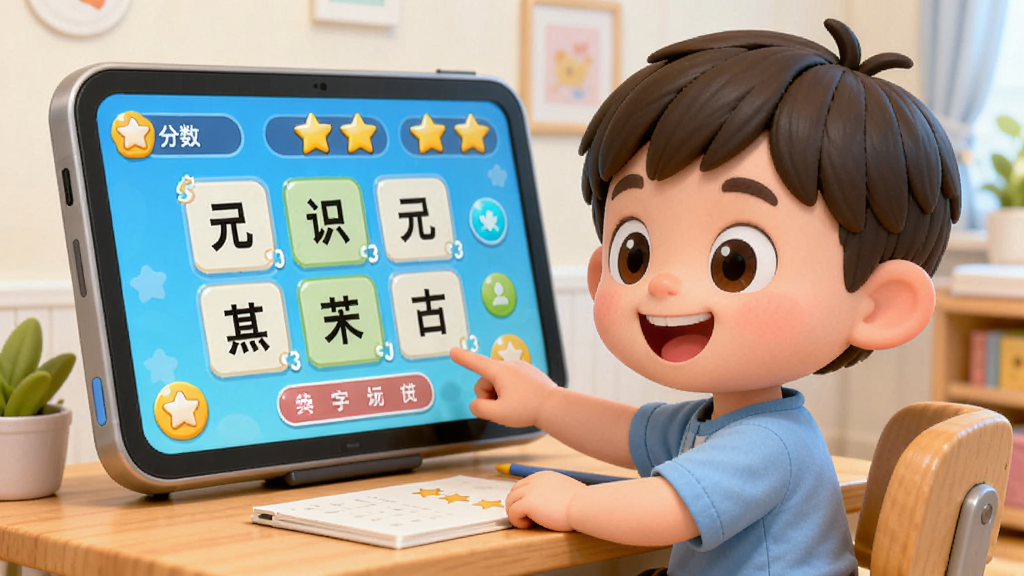 儿童识字乐园互动游戏功能的生图,主体是一个卡通儿童正在玩识字闯关游戏,布局为儿童坐在书桌前点击屏幕,风格为3D卡通渲染,细节包括屏幕上显示汉字选择题、分数和星星奖励、孩子脸上有开心笑容,画质高清,画面干净,无多余元素。