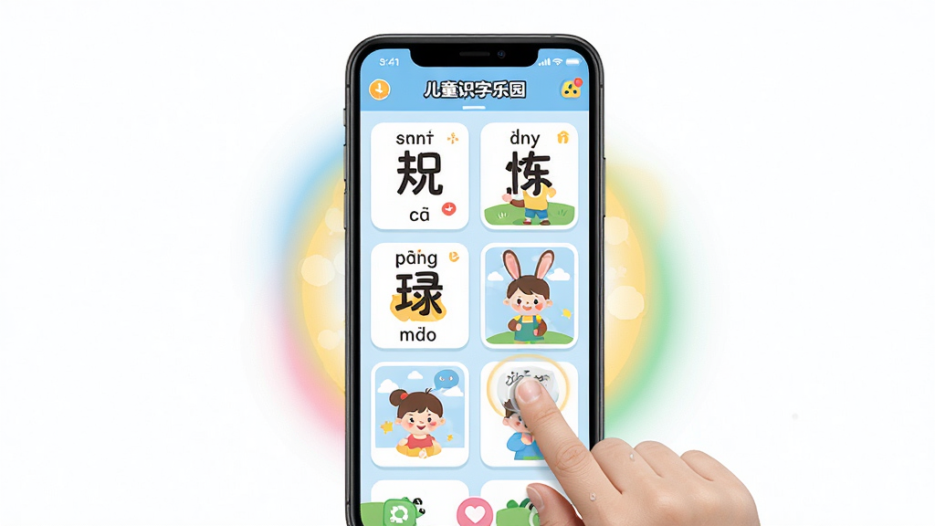儿童识字乐园移动端操作界面的生图,主体是一部智能手机显示儿童识字乐园软件的学习页面,布局为手机竖屏展示,界面有汉字卡片、拼音和卡通插图,风格为清新扁平化设计,细节包括手指点击屏幕的动作、周围有柔和的彩色光晕,画质高清,画面干净,无多余元素。