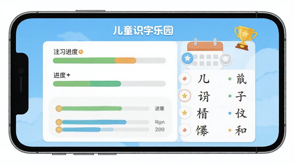 儿童识字乐园学习进度记录功能的生图,主体是一个手机屏幕显示学习报告界面,布局为屏幕中央展示统计图表和汉字列表,风格为扁平化UI设计风格,细节包括进度条、日历标记、奖杯图标和“儿童识字乐园”字样,画质清晰,画面干净,无多余元素。